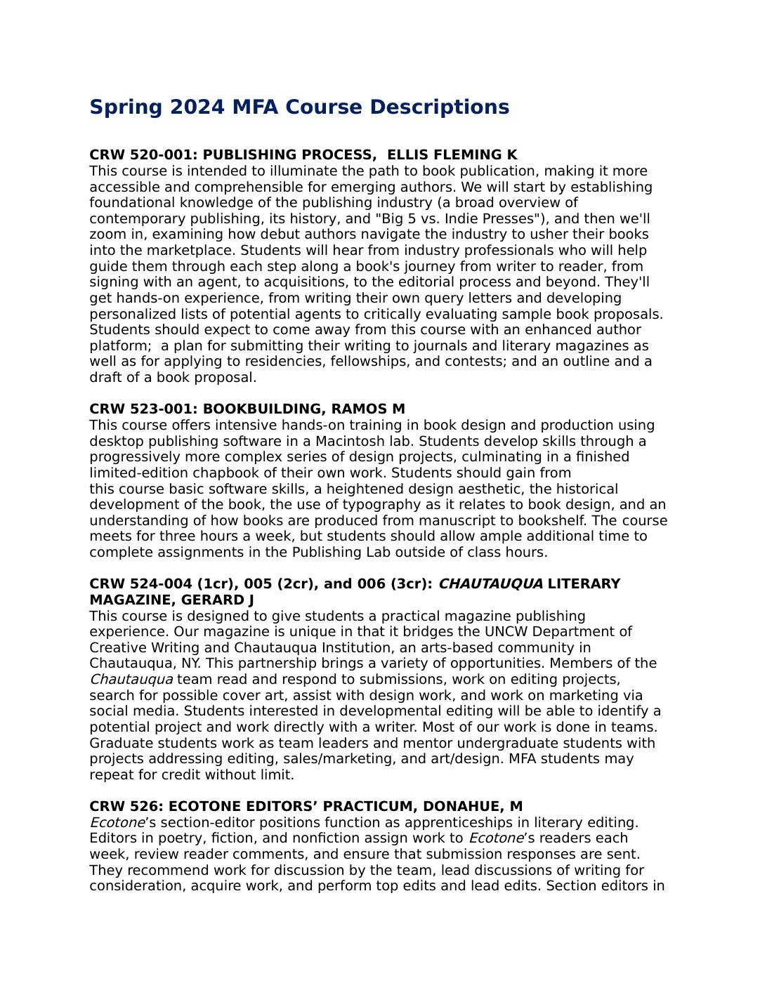 Spring 2024 MFA Course Descriptions | PDF to Flipbook